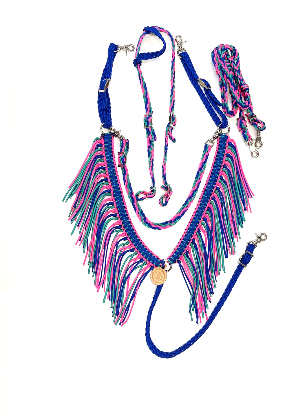 Electric blue green turquoise and hot pink fringe  Tack set