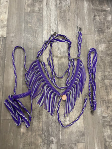 Purple horse tack set with tie down (fringe breast collar, wither strap, reins, and bridle)