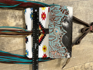 beautiful turquoise leather tooled fringe western purse