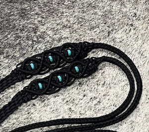 Fancy braided split reins in black with turquoise howlite gemstones...beautiful yet practical