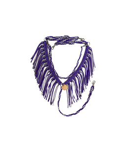 Purple, lilac, and silver fringe breast collar with a wither strap