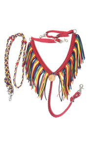 Red serape fringe breast collar with wither strap and barrel reins