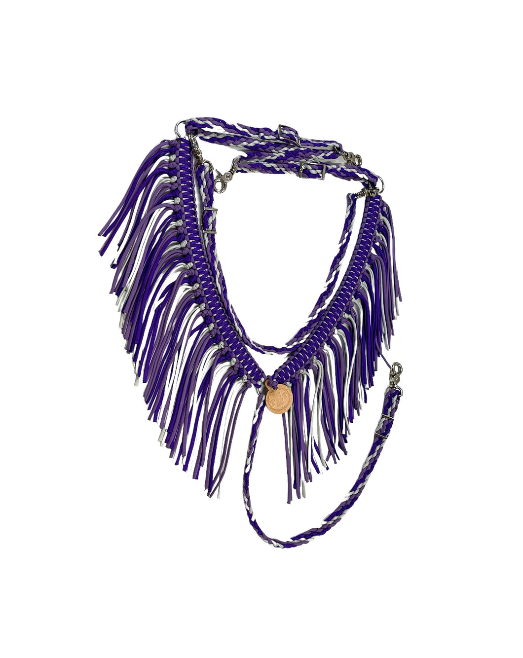 Purple, lilac, and silver fringe breast collar with a wither strap